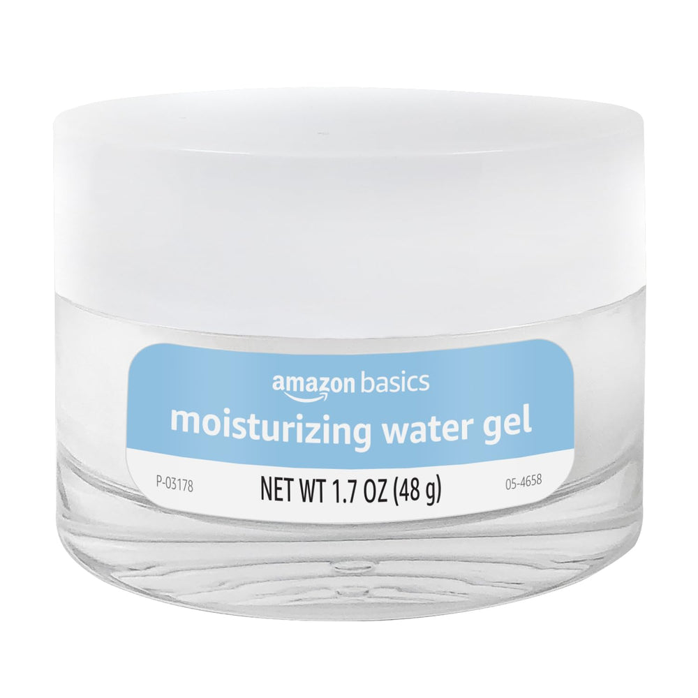 Close-up of Amazon Basics Water Gel jar highlighting fresh, lightweight texture
