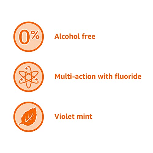 Back label of Amazon Basics mouthwash indicating fluoride and alcohol-free formula