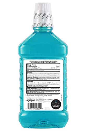 Amazon Basics Blue Mint mouthwash close-up showing antiseptic formula for oral hygiene