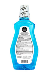 Close-up of mint flavor label on Amazon Basics mouthwash for fresh breath.