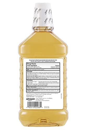 Amazon Basics mouthwash label close-up emphasizes original flavor and fluoride-free formula.