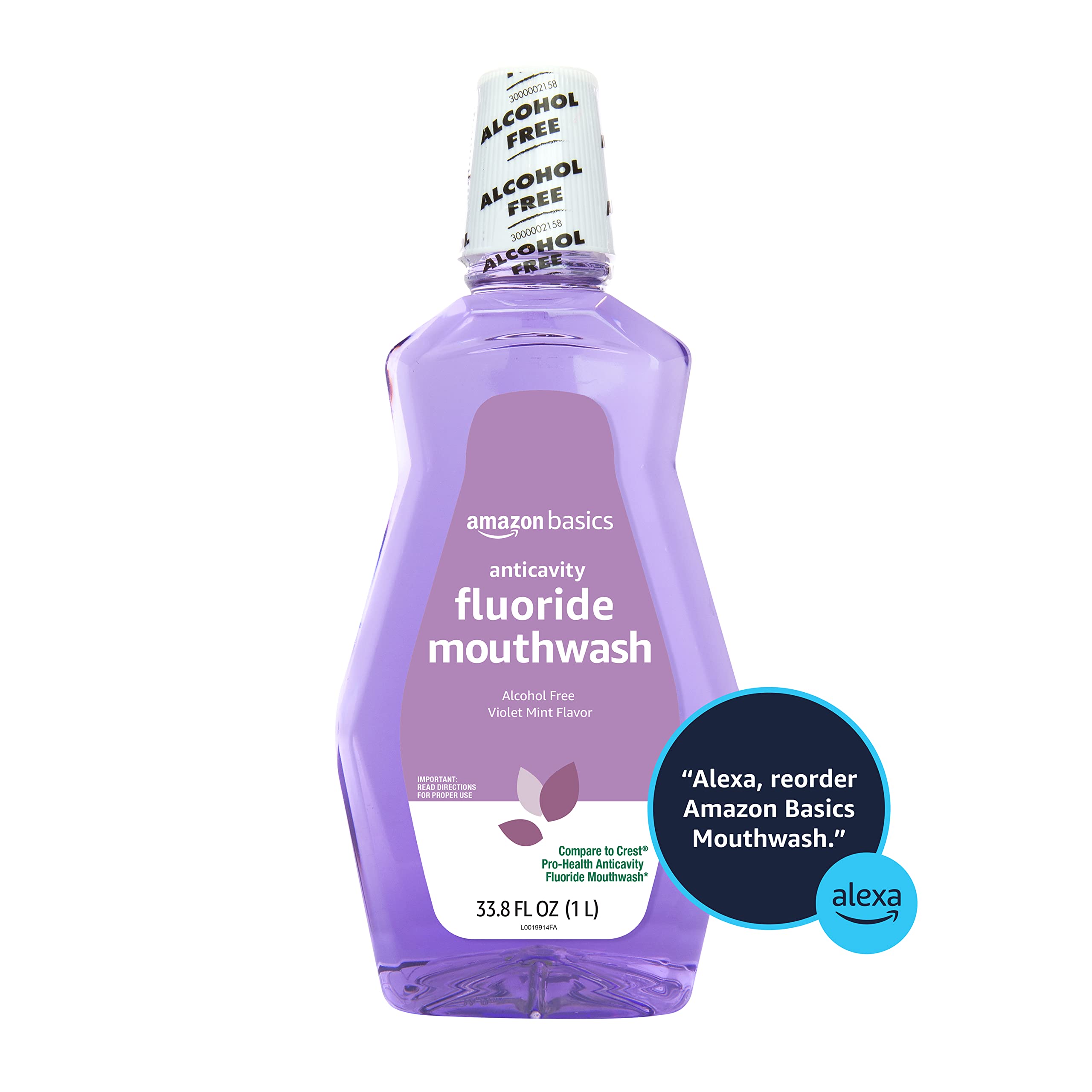 Purple violet mint label on Amazon Basics mouthwash highlighting refreshing breath