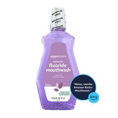 Purple violet mint label on Amazon Basics mouthwash highlighting refreshing breath