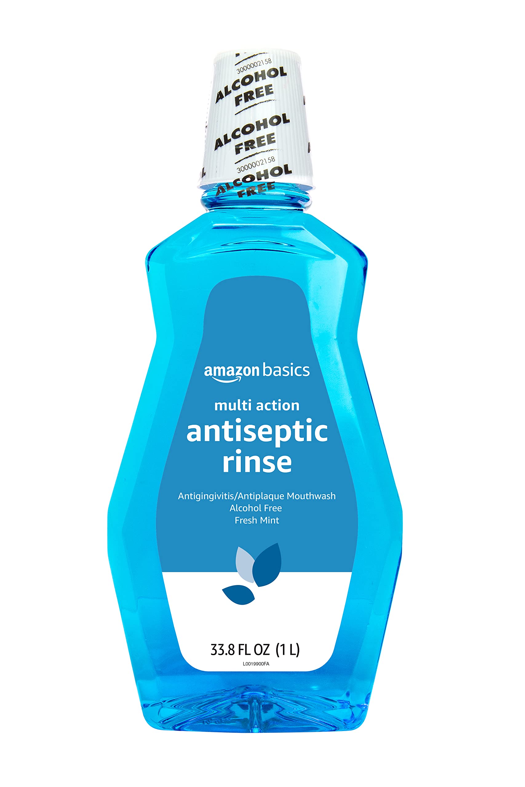 Amazon Basics multi action antiseptic rinse bottle shows 1L size for daily oral care.