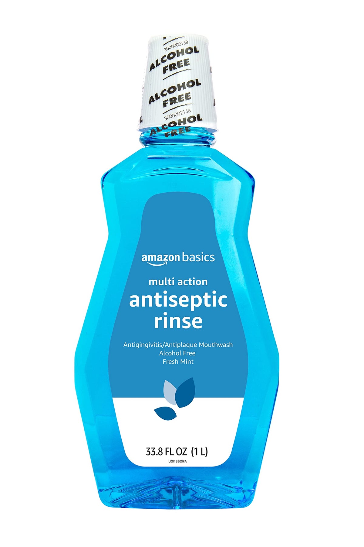 Amazon Basics multi action antiseptic rinse bottle shows 1L size for daily oral care.