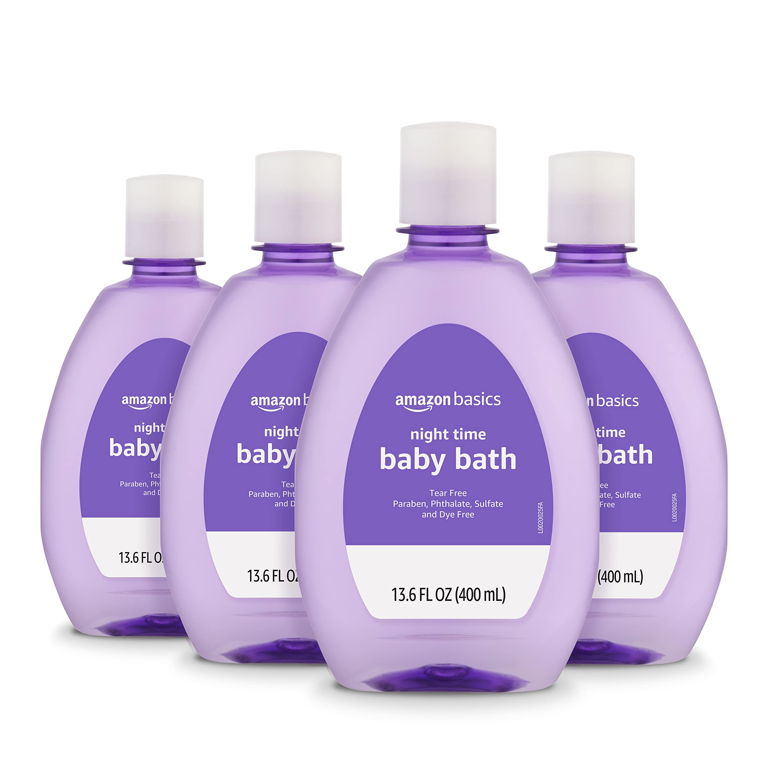 Amazon Basics Nighttime Bath bottle pour highlights gentle tear-free formula for calming bedtime routines.