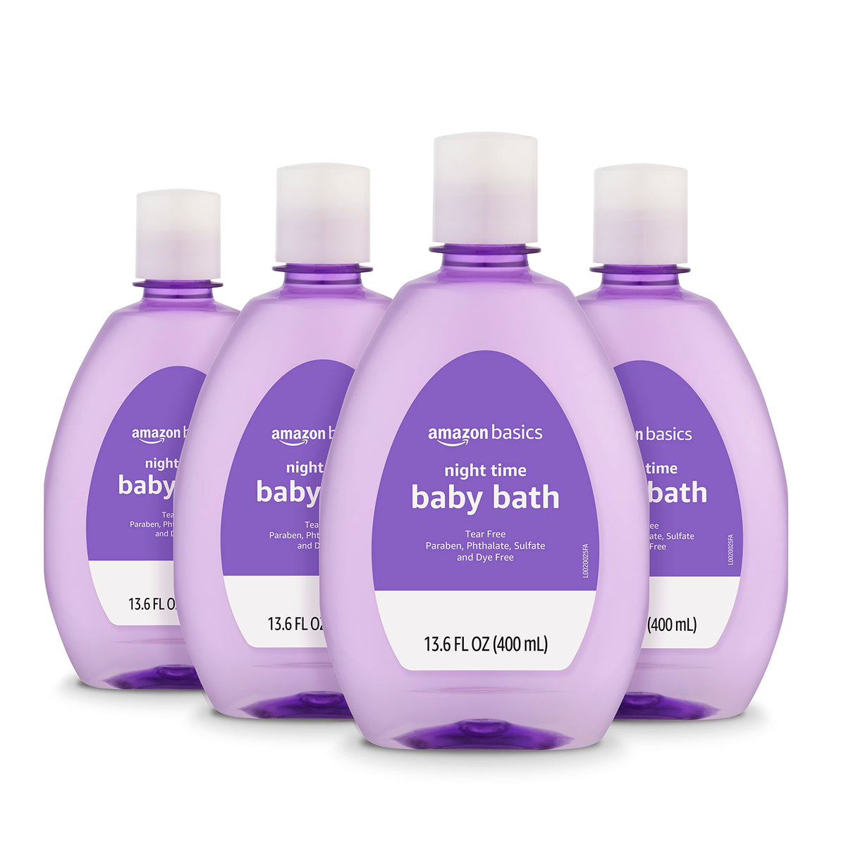Amazon Basics Nighttime Bath bottle pour highlights gentle tear-free formula for calming bedtime routines.