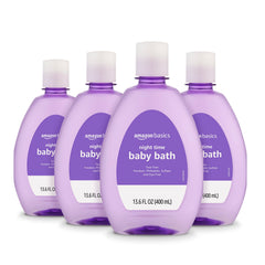 Amazon Basics Nighttime Bath bottle pour highlights gentle tear-free formula for calming bedtime routines.