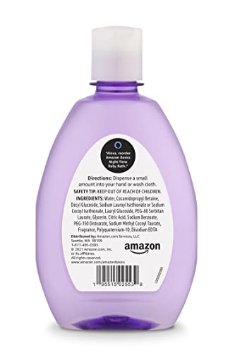 Amazon Basics Nighttime Bath label close-up reveals hypoallergenic, free-from ingredients.