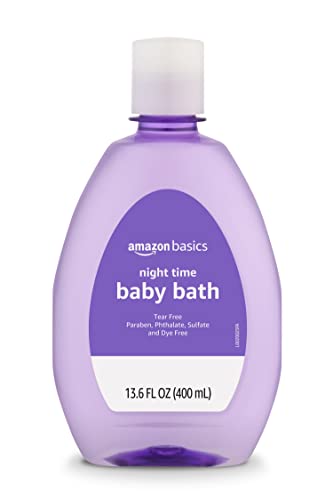 Amazon Basics Nighttime Bath four-pack on display shows hypoallergenic soothing bath for babies.