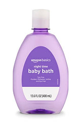 Amazon Basics Nighttime Bath four-pack on display shows hypoallergenic soothing bath for babies.