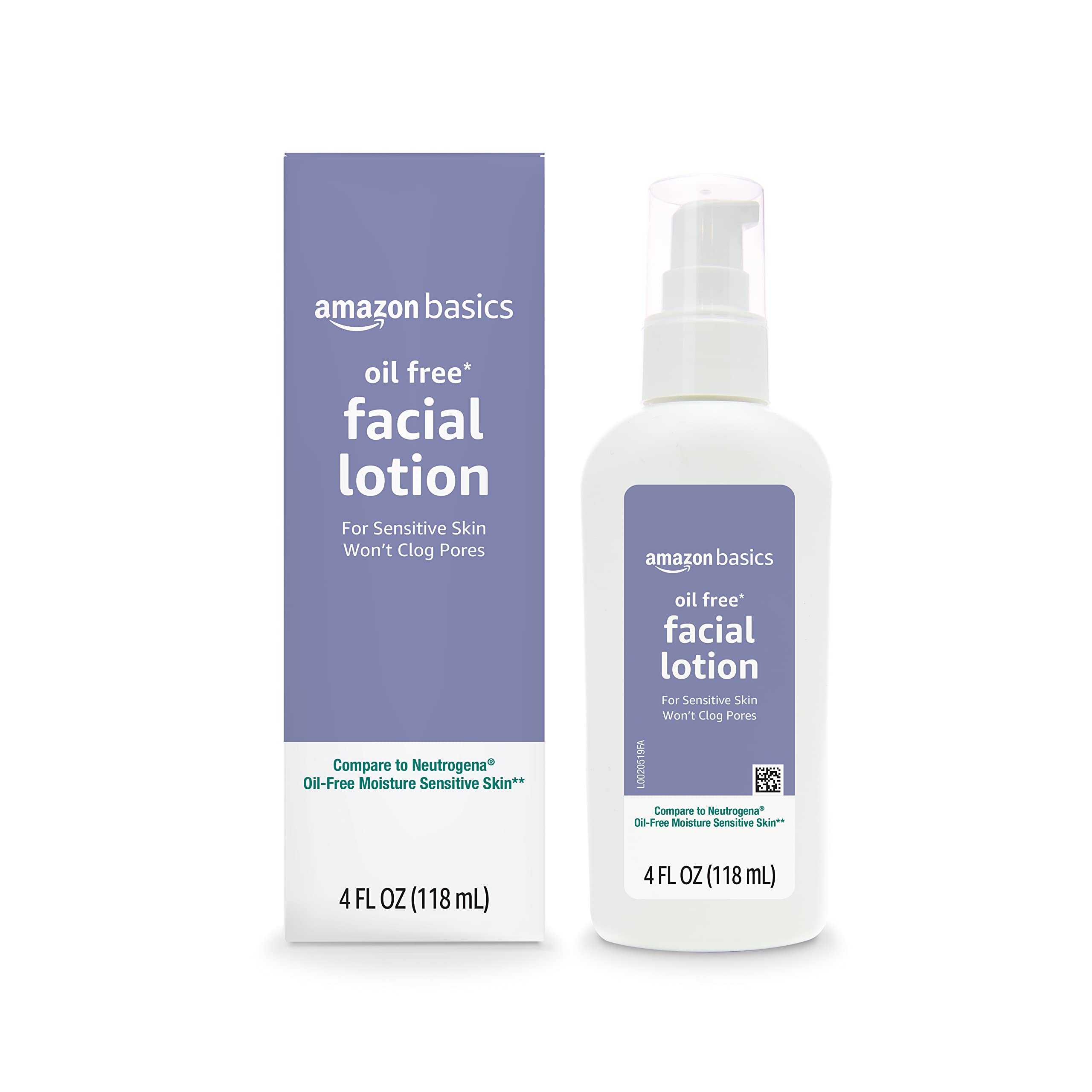 Amazon Basics oil-free face moisturizer bottle provides lightweight hydration without clogging pores.