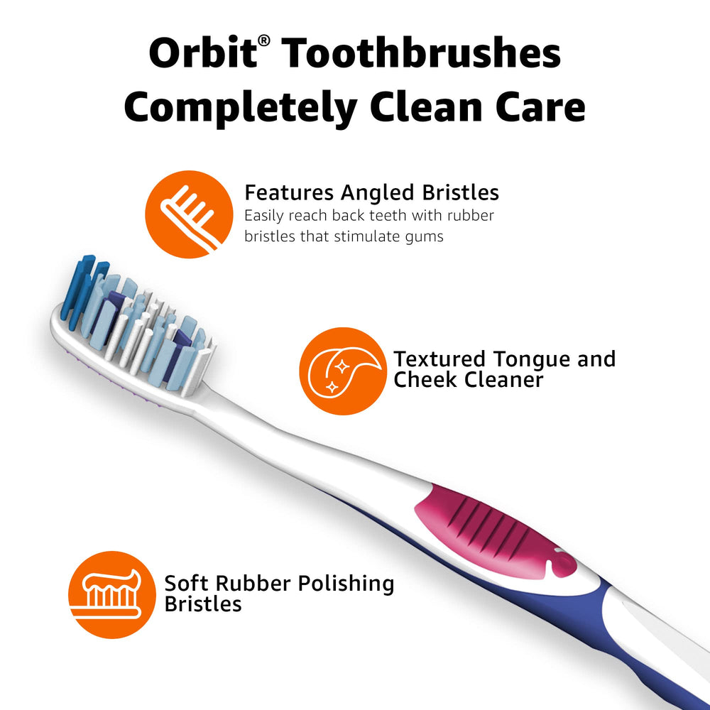 Soft rubber polishing bristles within Orbit toothbrush head for added texture.