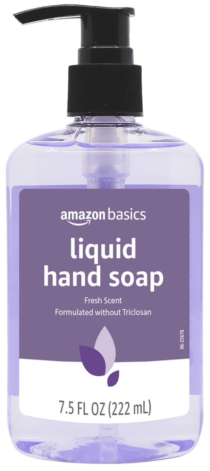 Back view of six-pack Amazon Basics hand soap bottles for storage reference
