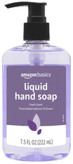 Back view of six-pack Amazon Basics hand soap bottles for storage reference