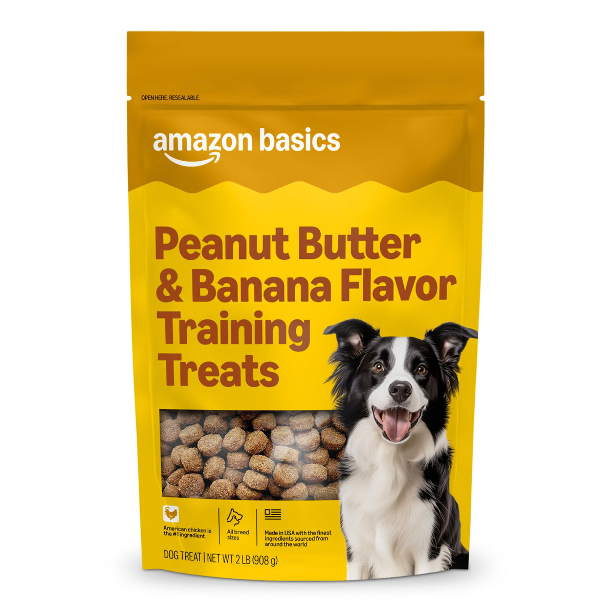 Amazon Basics peanut butter banana training treats bag front shows bite-sized rewards for training