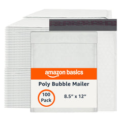 Amazon Basics bubble mailer front view with self-seal closure for quick, secure shipping.