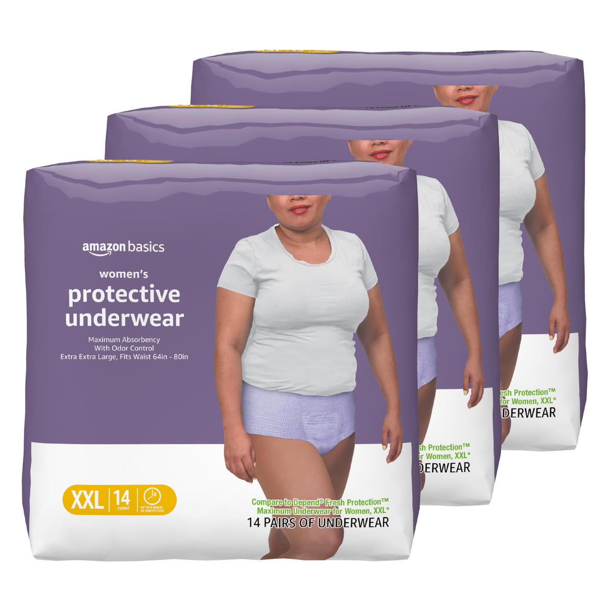 Amazon Basics postpartum underwear packaging in lavender color for discreet protection.