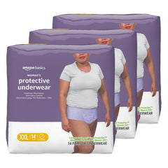 Amazon Basics postpartum underwear packaging in lavender color for discreet protection.