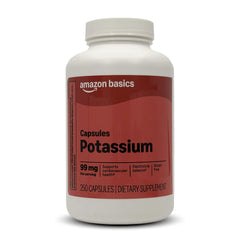 Amazon Basics Potassium heart health caplets bottle showing label for daily hydration support.