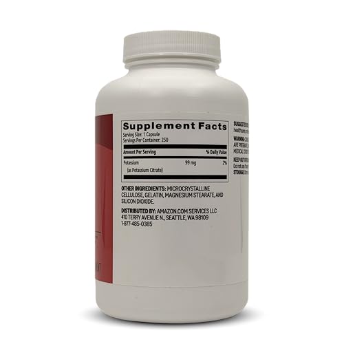 Amazon Basics Potassium heart health caplets label close-up highlighting gluten-free formulation.