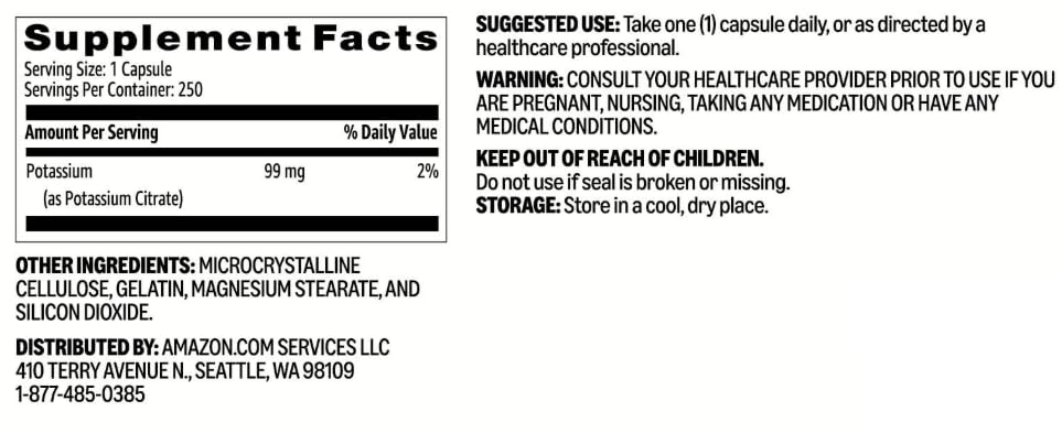 Amazon Basics Potassium heart health caplets packaging box signaling electrolyte balance support.