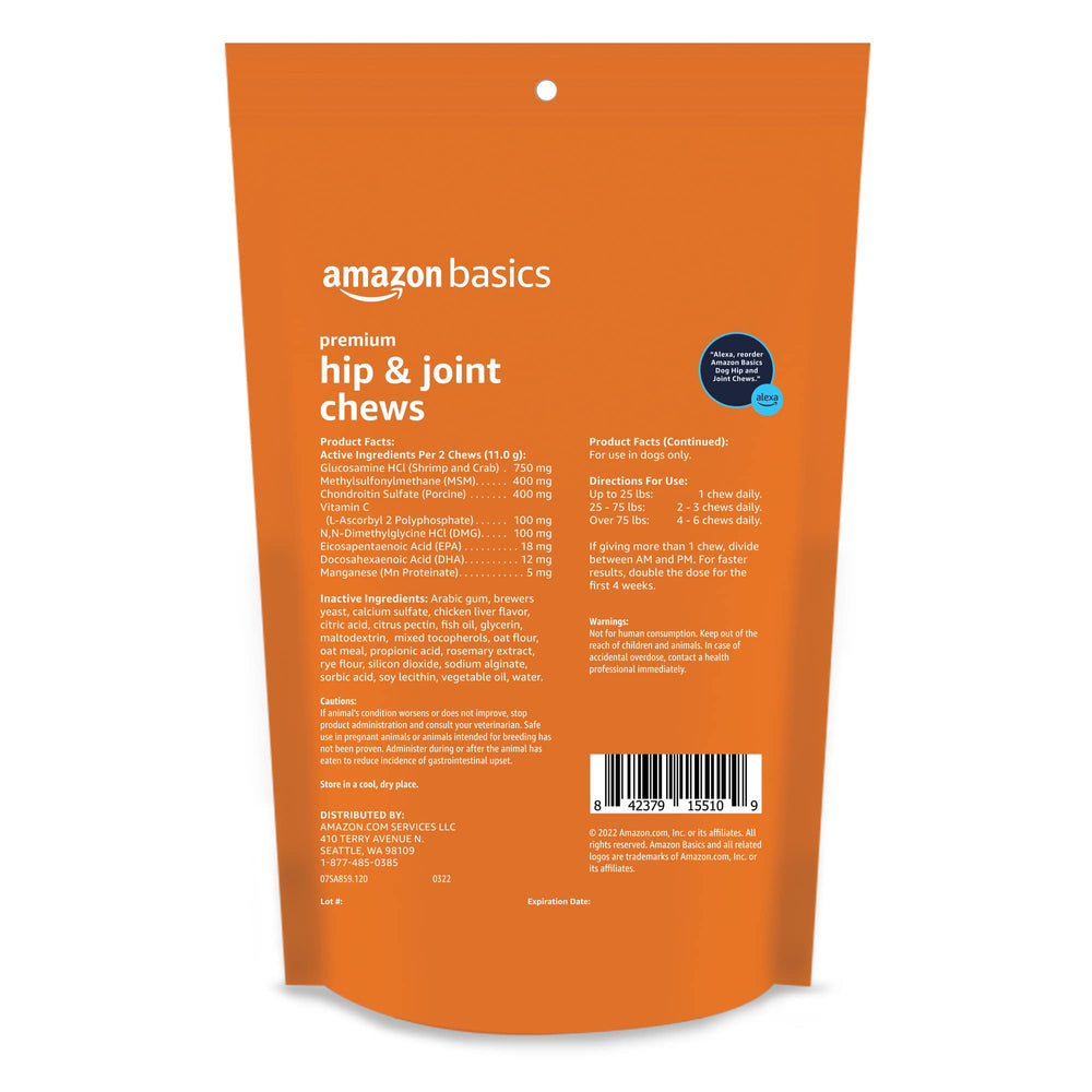 Close-up of Amazon Basics hip and joint chews showing bite-sized texture for daily use.