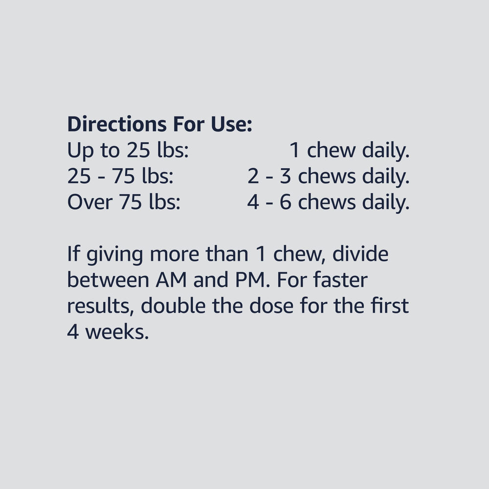 Weight-based dosing guide for Amazon Basics hip and joint chews for dogs.