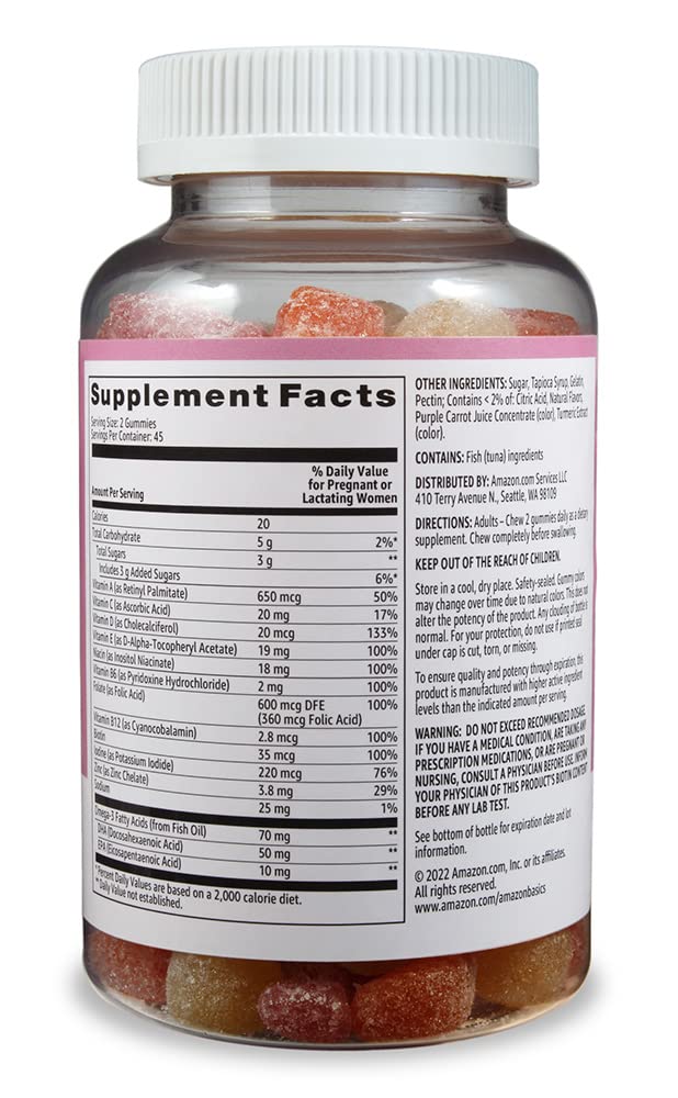 Amazon Basics Prenatal DHA gummy closeup highlighting soft texture for easy chewing