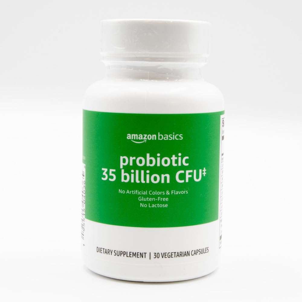 Amazon Basics probiotic 35Billion CFU bottle supports healthy digestion daily.