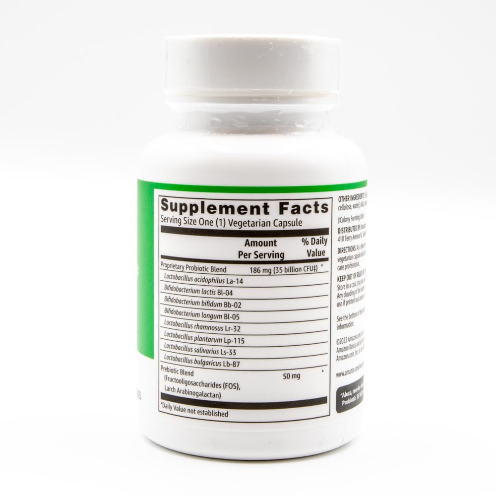 Amazon Basics probiotic 8 strains label highlights diverse strains for digestion variety.