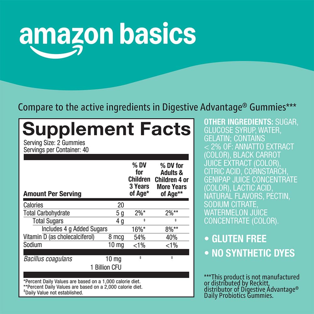 Amazon Basics Probiotic Gummies 80-count package; value-sized bottle.