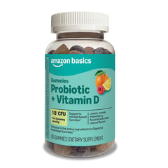 Amazon Basics Probiotic Gummies bottle front; citrus flavors for daily use.