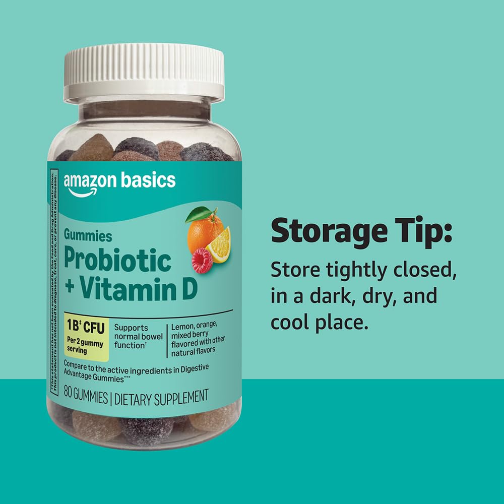 Amazon Basics Probiotic Gummies bottle pour; convenient daily use.