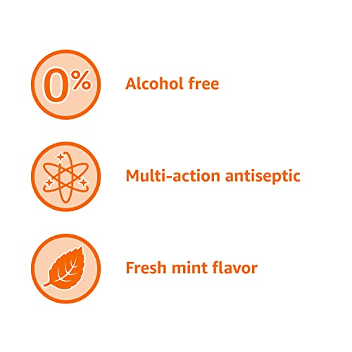 Product packaging front view of Amazon Basics antiseptic rinse.
