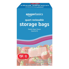 Amazon Basics quart bags with double zipper seal for secure storage.