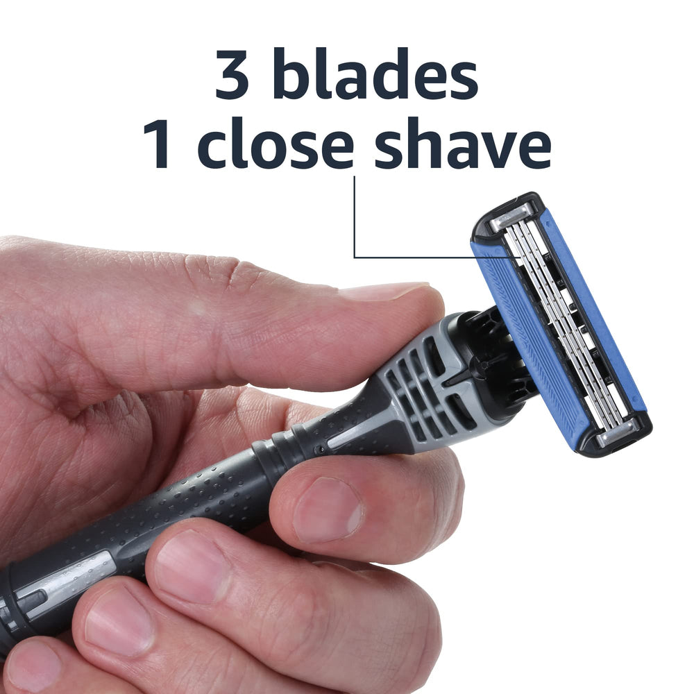 Amazon Basics razor shown with Alexa reorder feature for easy reordering.