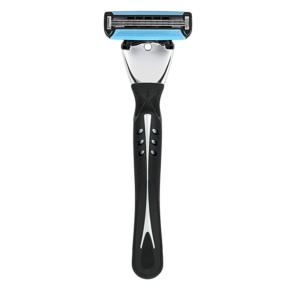 Amazon Basics razor handle with comfortable grip for controlled shaving.