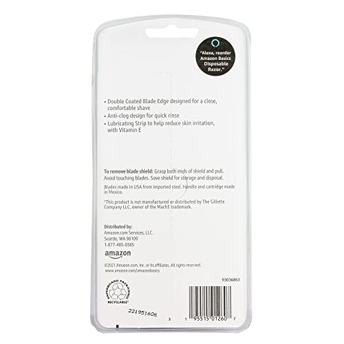 Amazon Basics razor lubricating strip with vitamin E visible for irritation reduction.