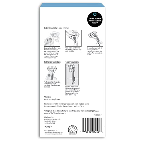 Amazon Basics twelve refill cartridges displayed for consistent glide during regular shaves