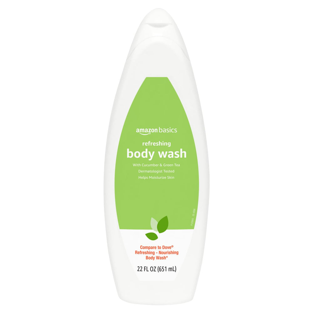Amazon Basics Refreshing Nourishing Body Wash bottle close-up with cucumber and green tea scent