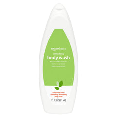 Amazon Basics Refreshing Nourishing Body Wash bottle close-up with cucumber and green tea scent