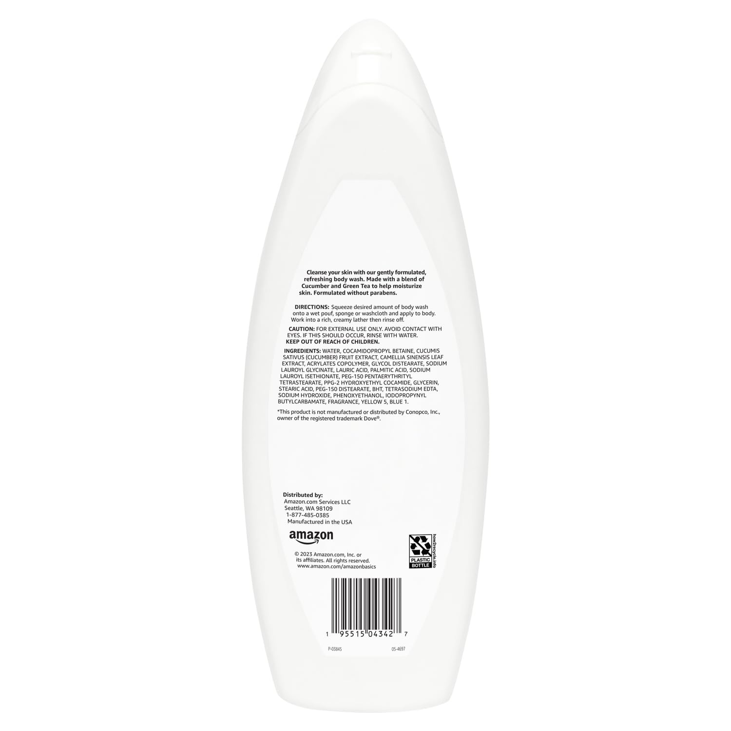 Amazon Basics Refreshing Nourishing Body Wash label highlights a paraben-free formula