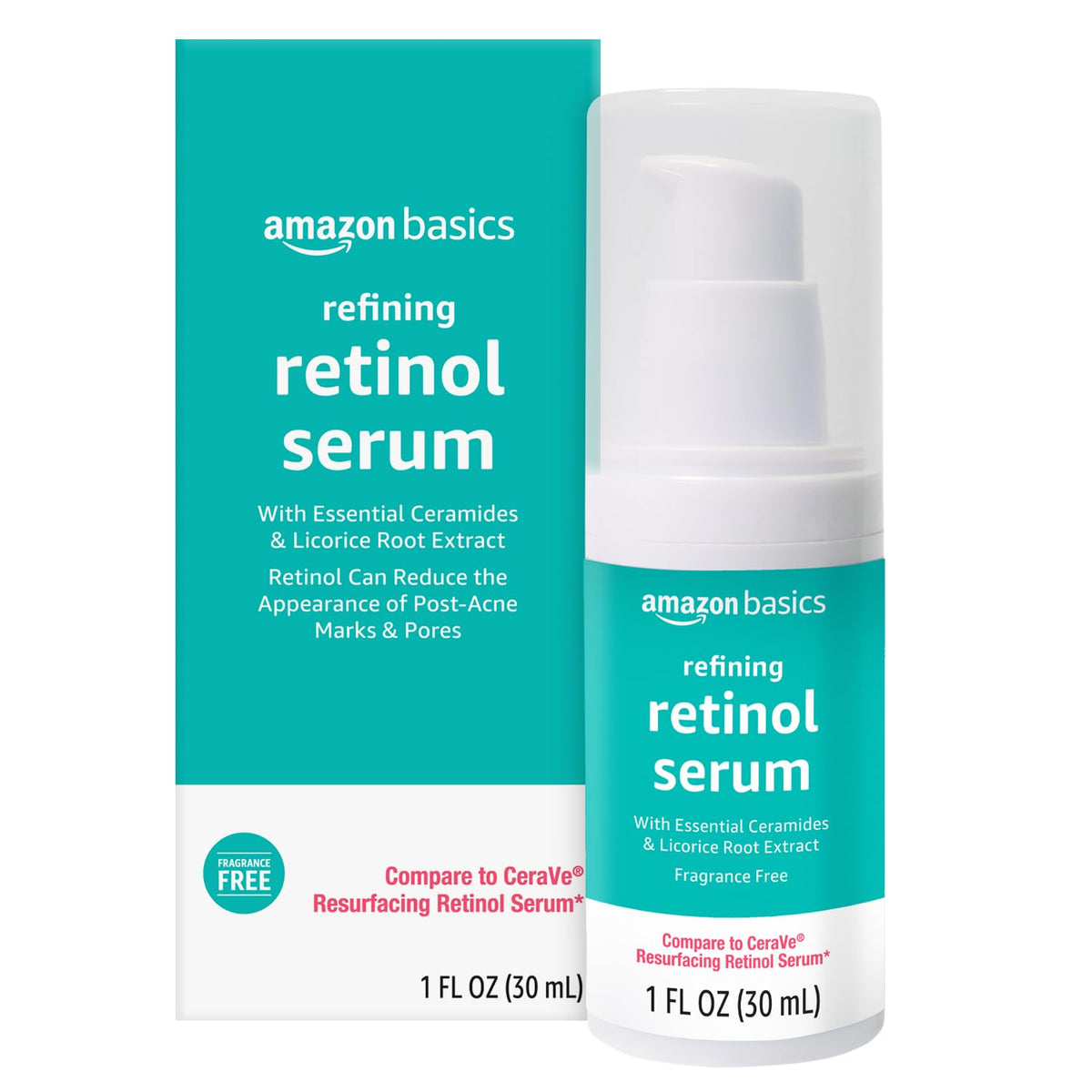 Amazon Basics Retinol Serum bottle pour demonstrates quick absorption for daily use.