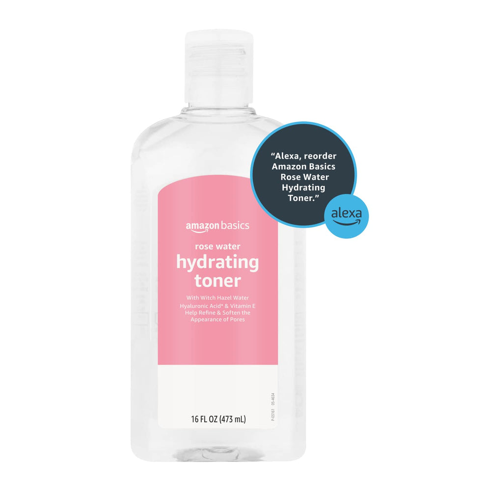 Amazon Basics Rose Water Toner on vanity ready for daily routine.