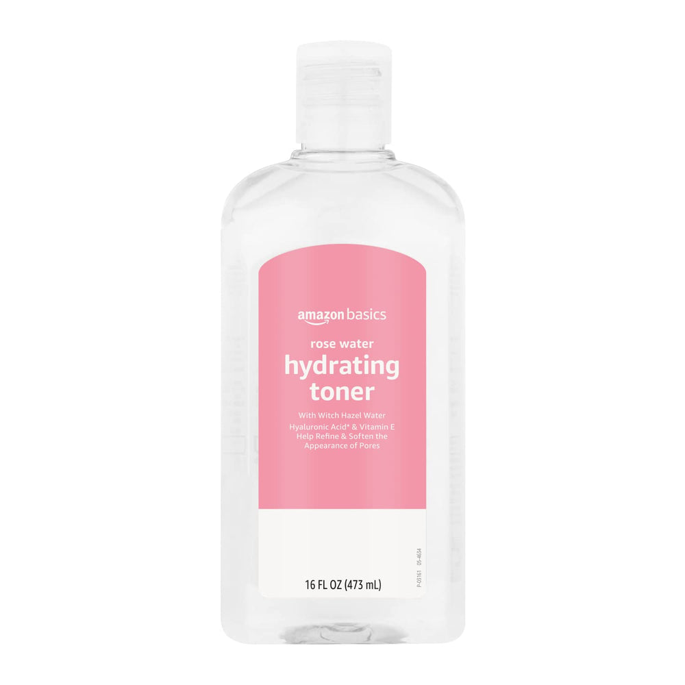 Amazon Basics Rose Water Toner bottle demonstrates gentle, alcohol-free hydration for daily skin care.