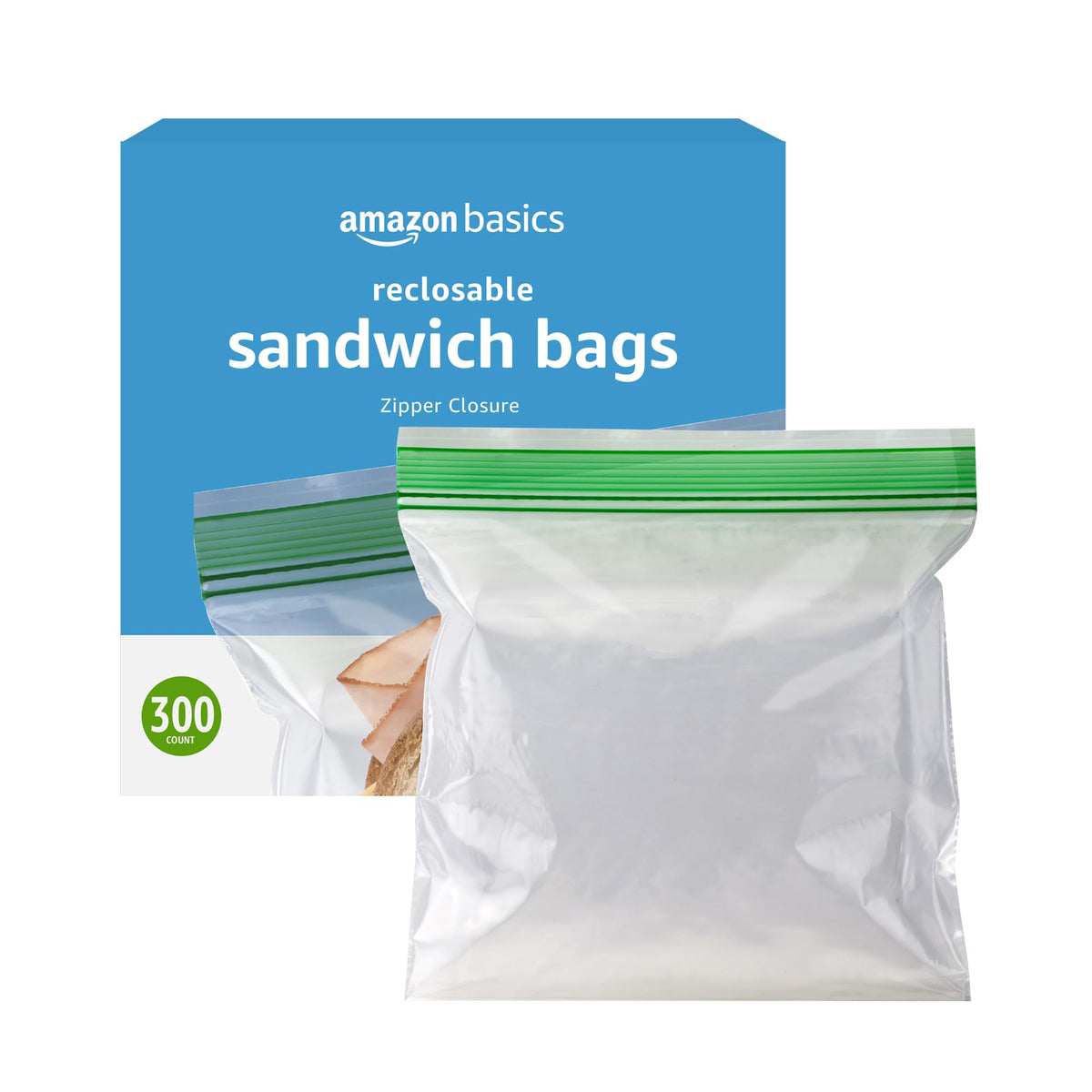 Amazon Basics sandwich bags with double zipper closure for a secure seal.