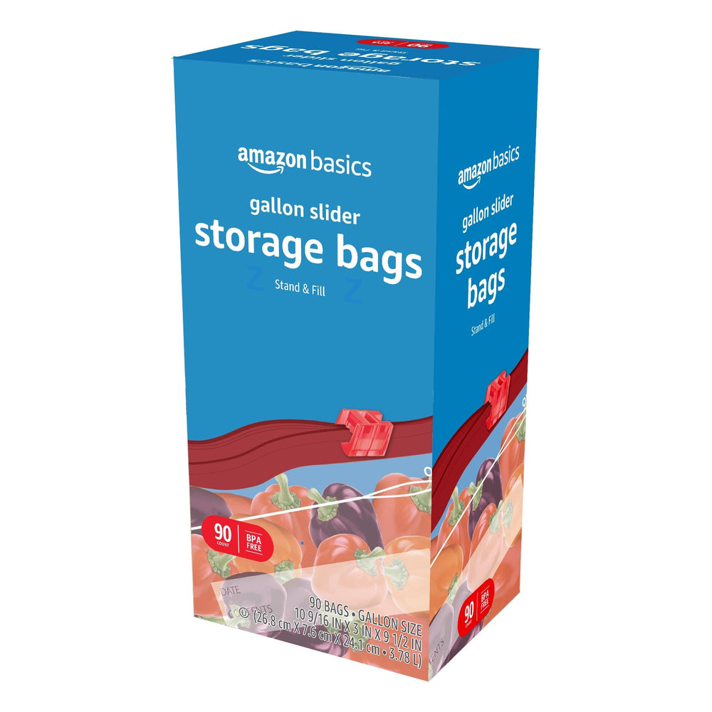 Amazon Basics slider gallon bags BPA-free label indicating safe, everyday storage.