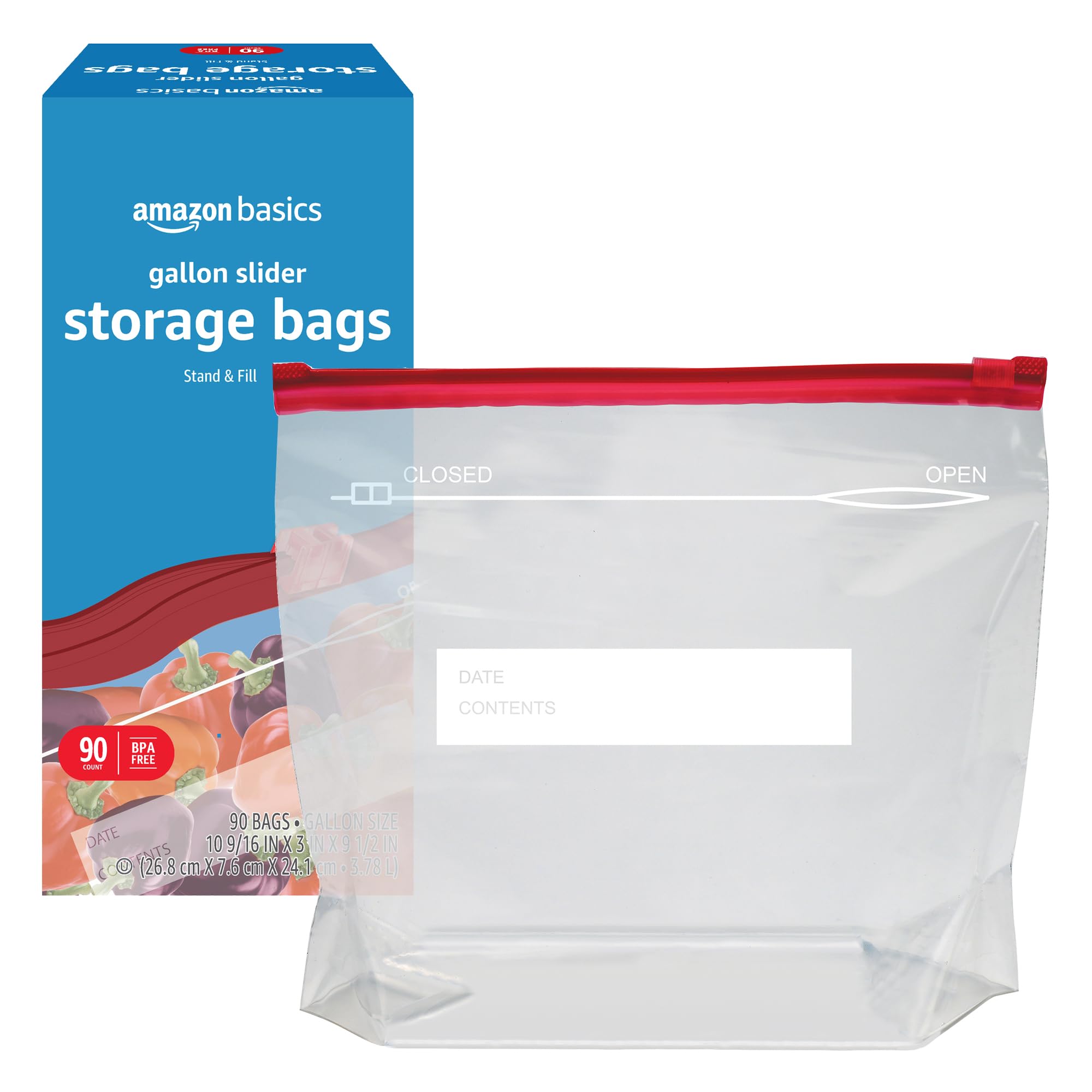 Amazon Basics slider gallon bags stand-and-fill base for stable filling.