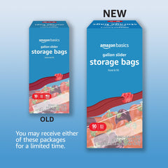Amazon Basics slider gallon bags zipper-top close-up for smooth opening and sealing.
